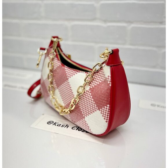 Michael Kors shoulder bag cora sequence plaid medium purse crossbody bright red - Picture 3 of 7